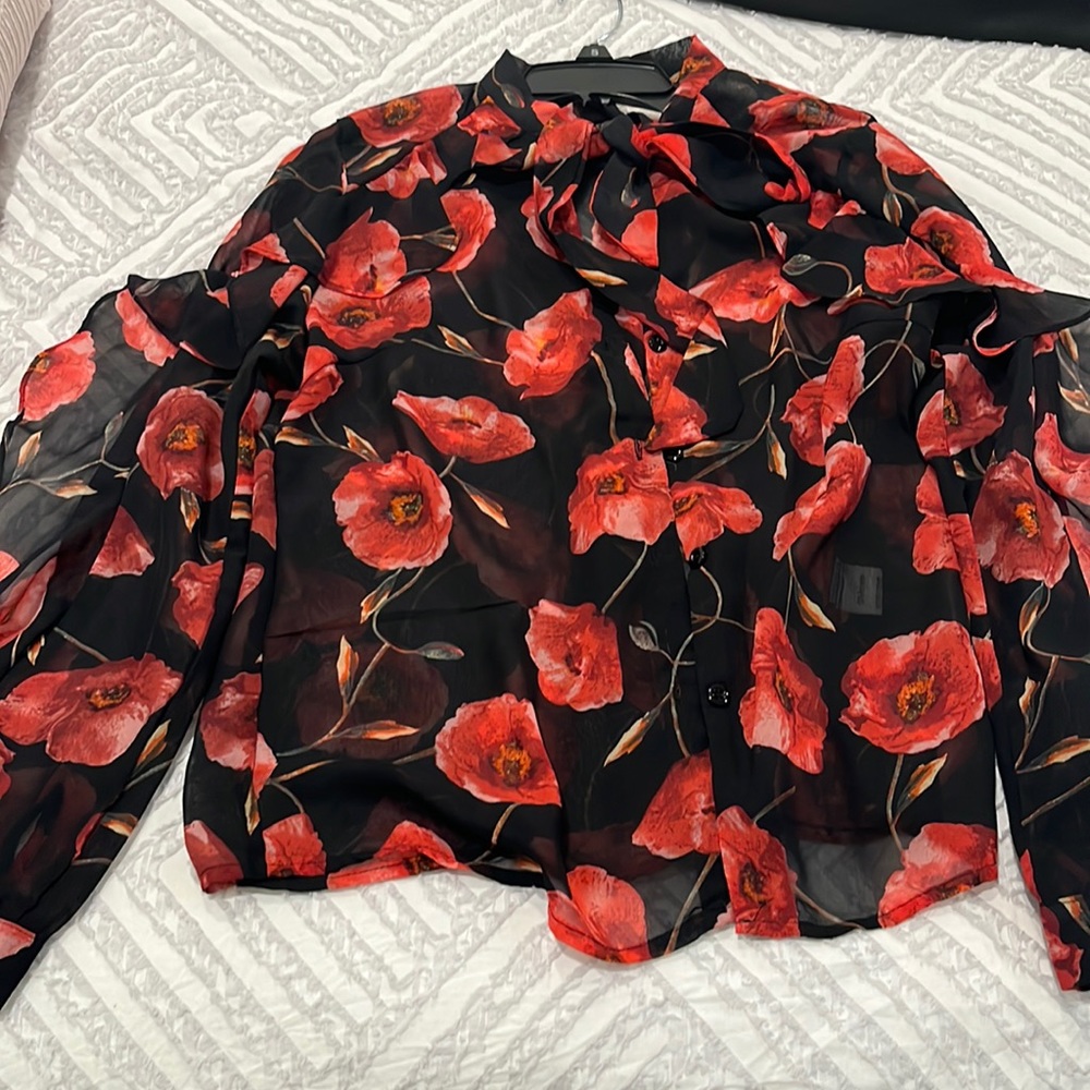 Bow tie blouse black floral with ruffle down the sleeves